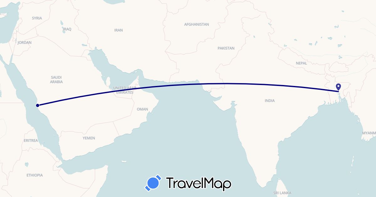 TravelMap itinerary: driving in Bangladesh, Saudi Arabia (Asia)
